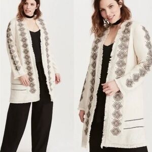 Torrid Insider Collection Boho embroidered Fringed Linen Blend Duster Cardigan M